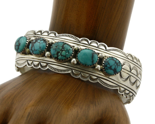 Navajo Bracelet .925 Silver Spiderweb Turquoise Artist Denetdale Circa 80's