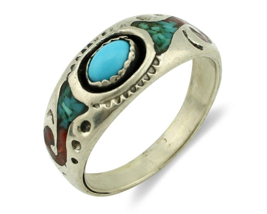 Navajo Handmade Ring 925 Silver Blue Turquoise & Coral Native American C.80's