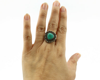 Navajo Ring .925 Silver Green Turquoise Native American Artist C.80's