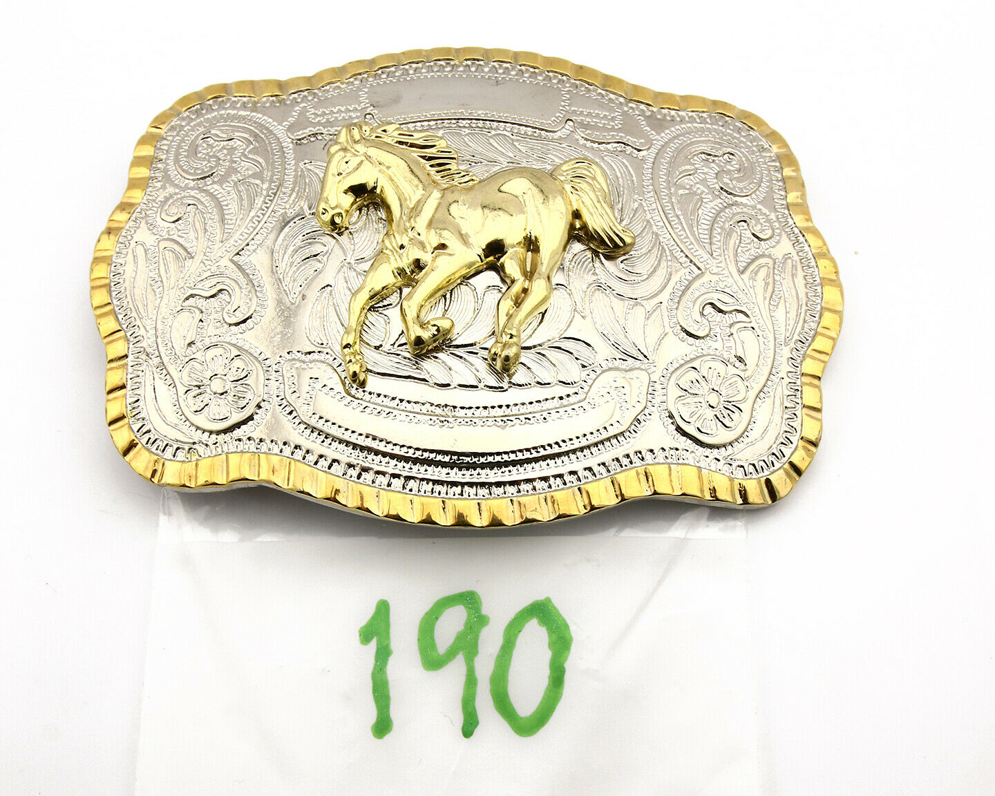 Engravable Large Country Horse Belt Buckle .999 Nickle Silver Gold Trim C.80's