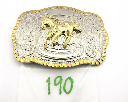 Engravable Large Country Horse Belt Buckle .999 Nickle Silver Gold Trim C.80's