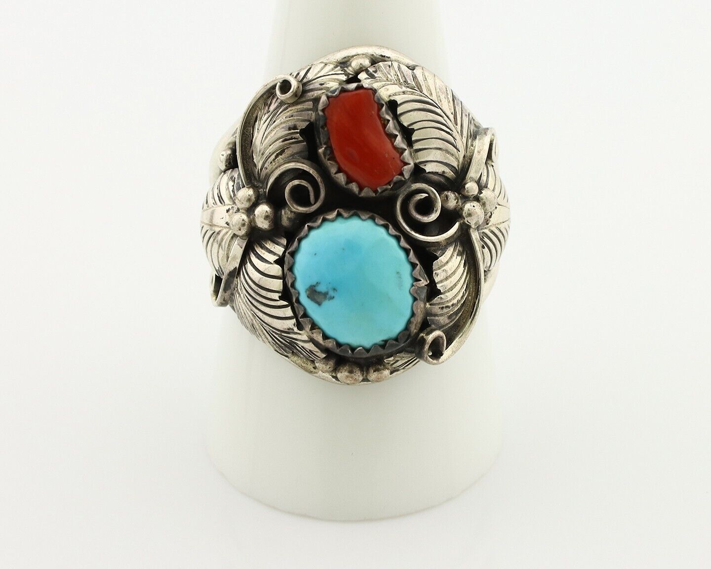 Navajo Ring 925 Silver Blue Turquiose & Mediterranean Coral Native Artist C.80's