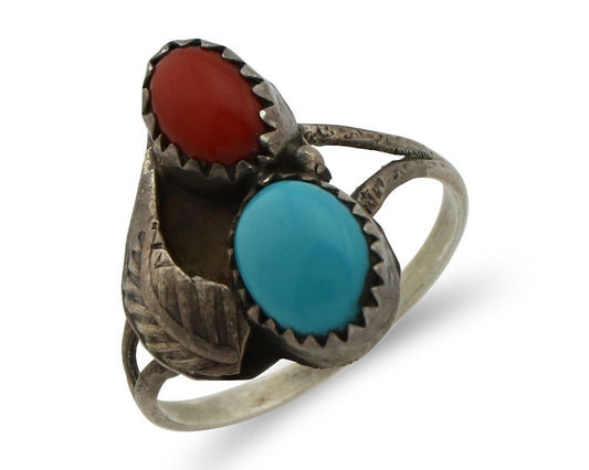 Navajo Handmade Ring 925 Silver Turquiose & Coral Native American Artist C.80's