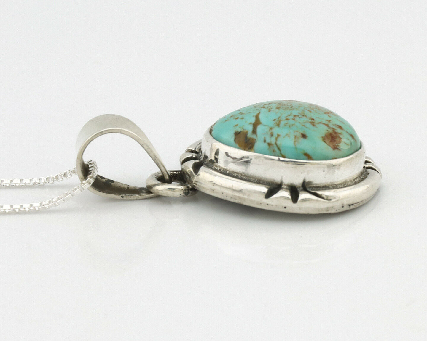 Navajo Kingman Turquoise Pendant .925 Silver Hand Stamped Signed Gecko C.80's