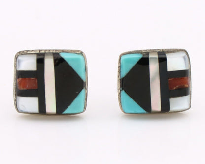 Zuni Earrings 925 Silver Natural Gemstones & Turquoise Native Artist C.80's