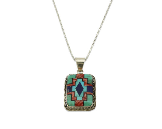 Navajo Handmade Inlaid Gemstone Pendant .925 Silver Signed SN C.80's