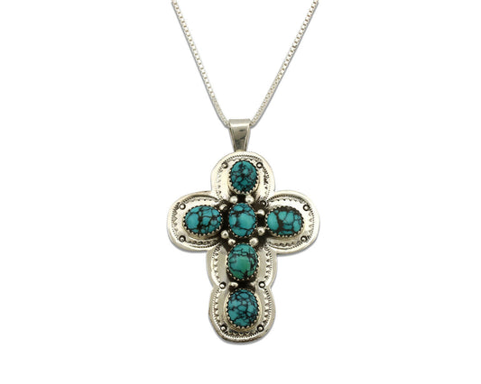 Navajo Cross Necklace .925 Silver Spiderweb Turquoise Native Artist C.80's