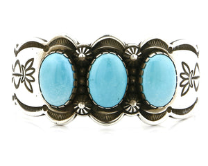 Women's Navajo Bracelet Hand Stamped .925 Silver Signed Nelson C.80's Turquoise