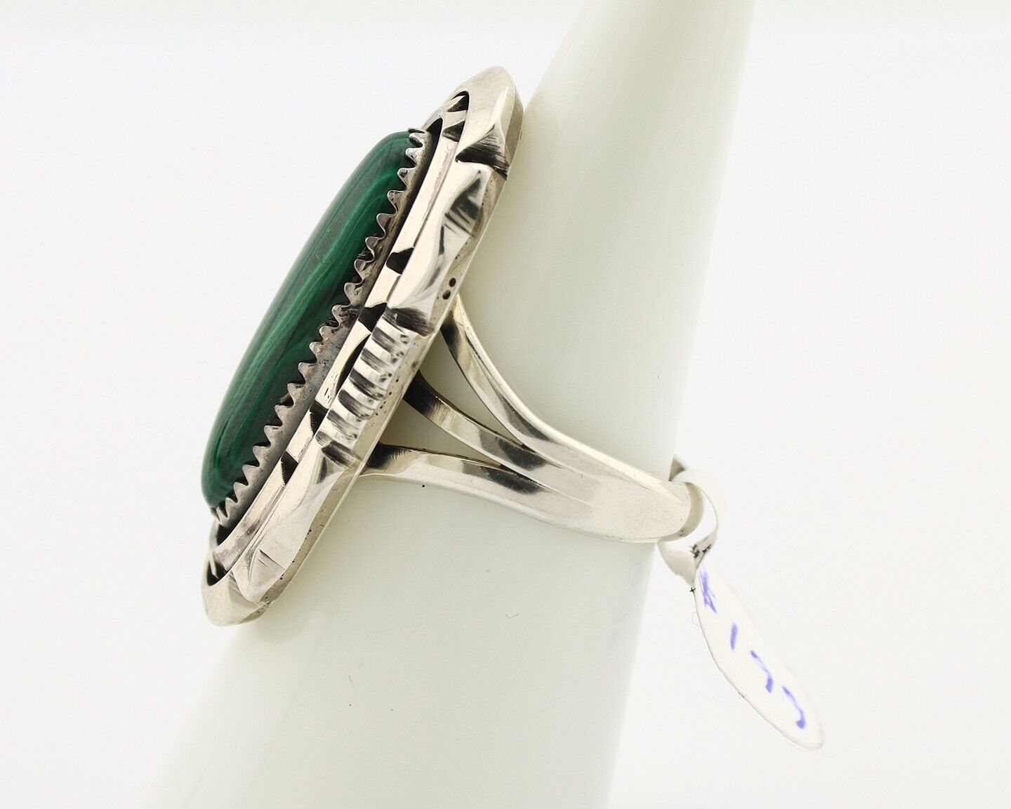 Navajo Ring .925 Silver Malachite Hand Stamped Signed William Denetdale C.80's