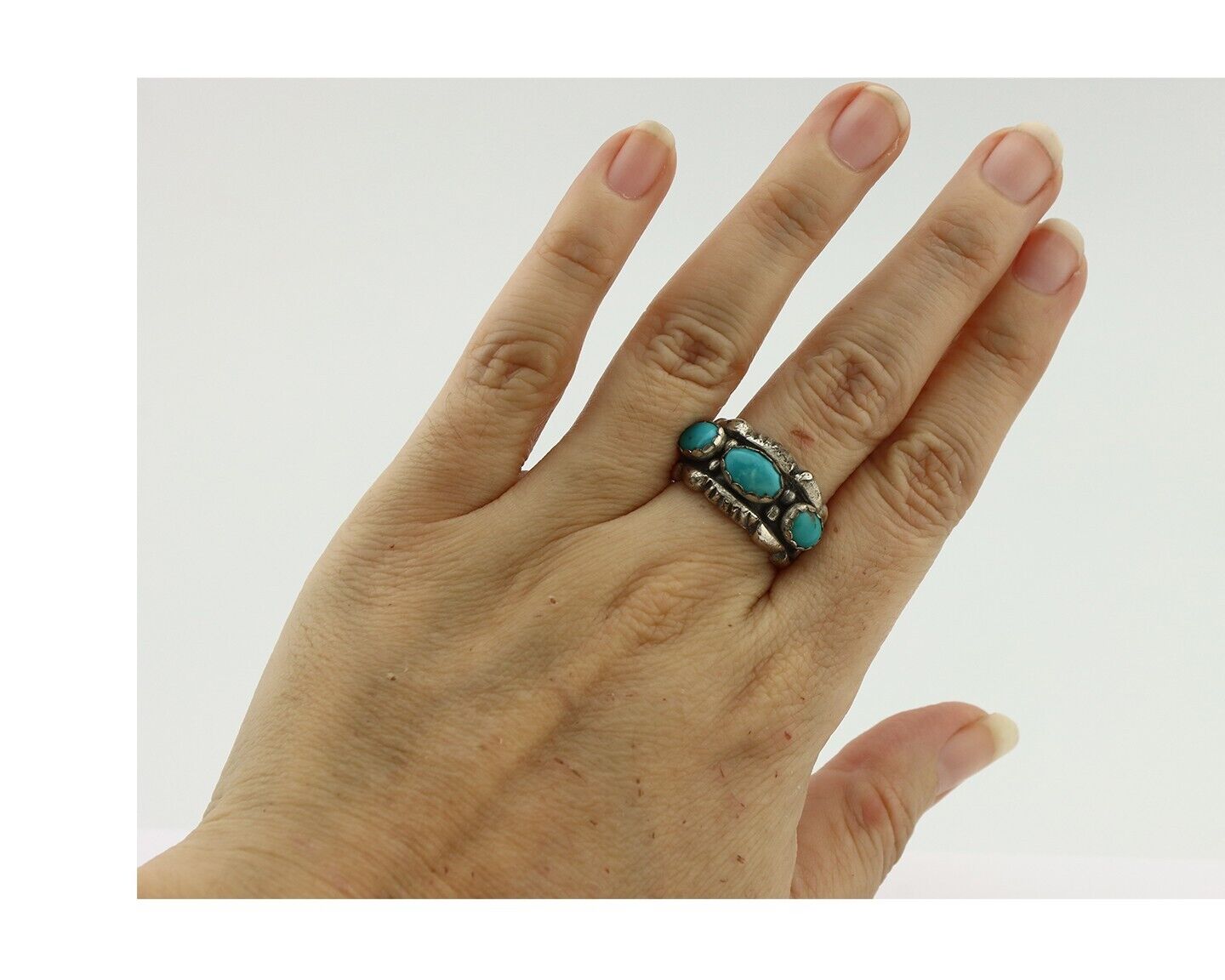 Navajo Ring .925 Silver Natural Blue Turquoise Native American Artist C.80's