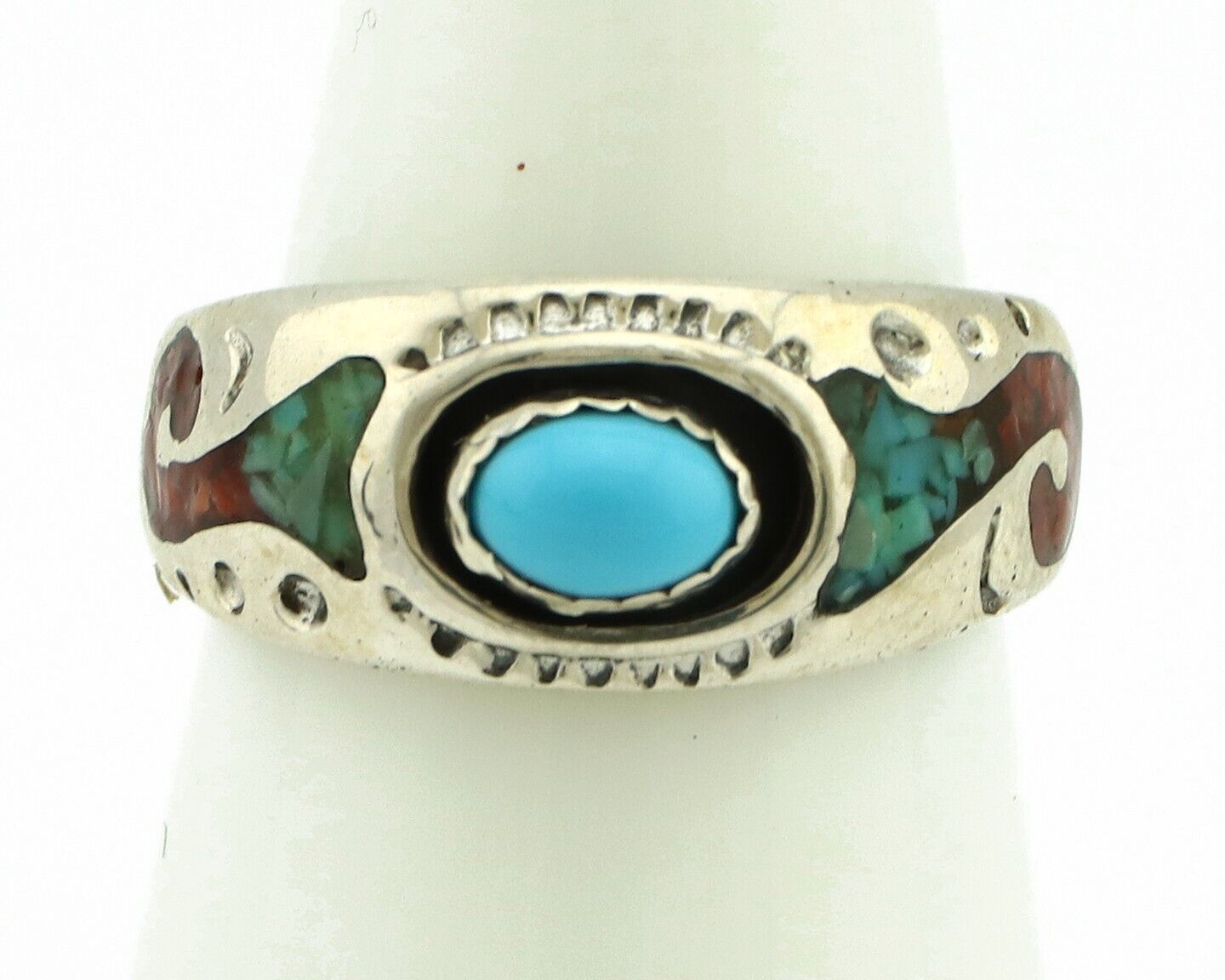 Navajo Handmade Ring 925 Silver Blue Turquoise & Coral Native American C.80's