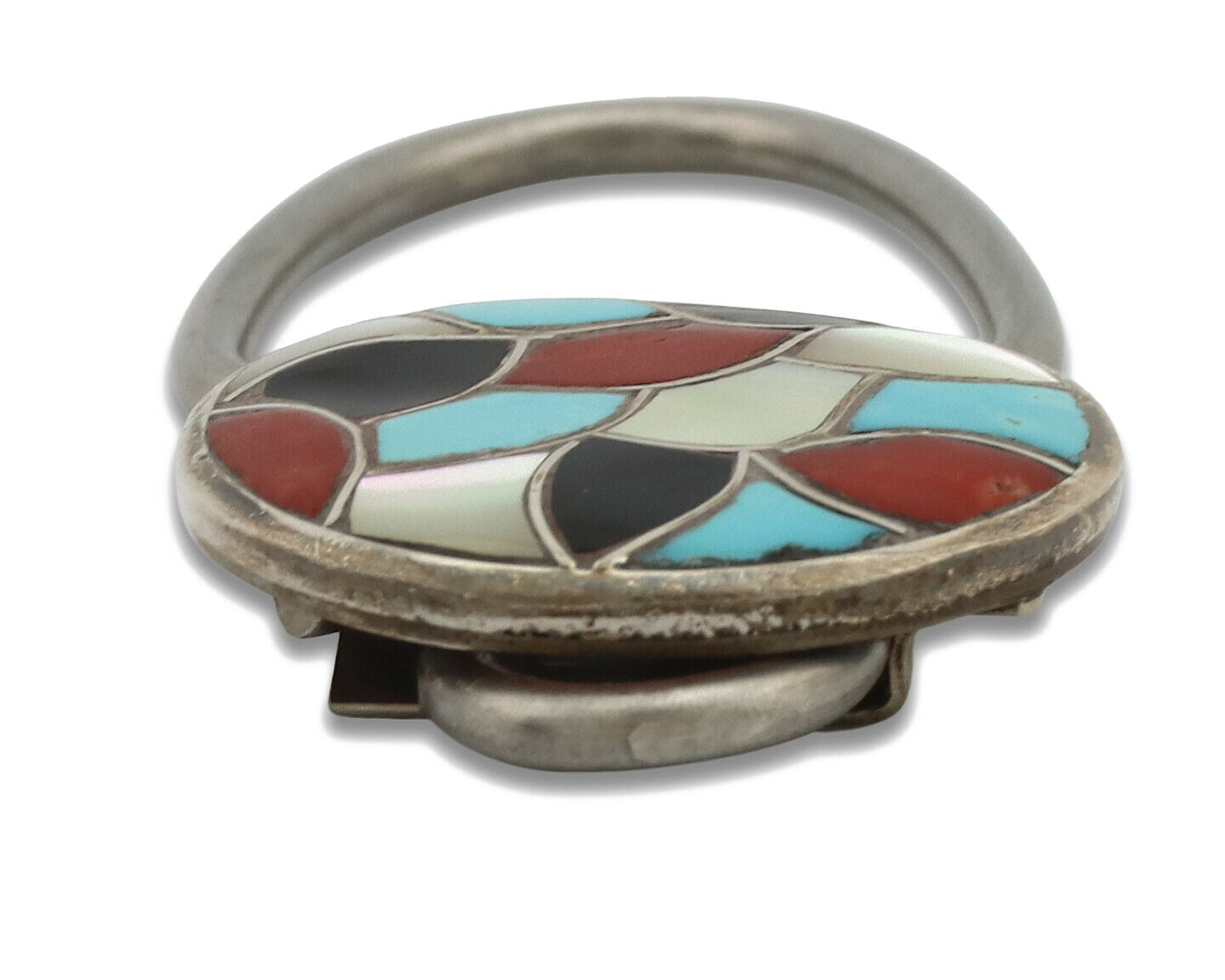 Zuni Key Chain .925 Silver Inlaid Gemstones Artist Signed RHG C.80's