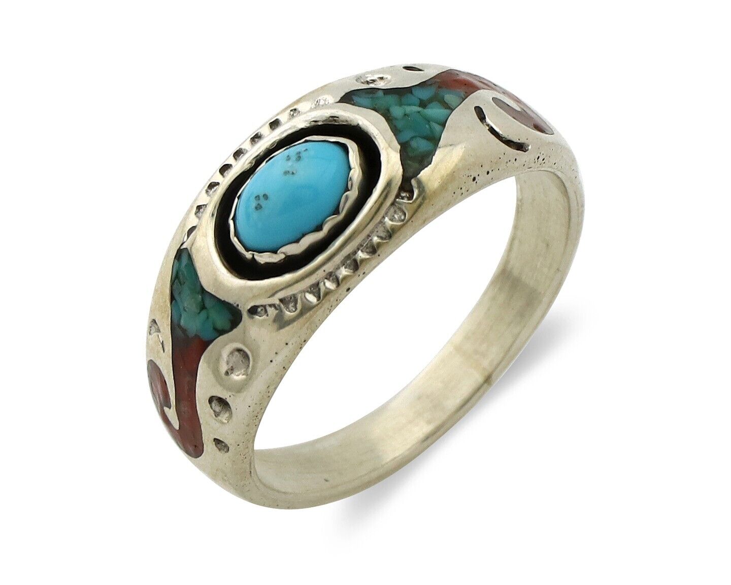 Navajo Inlay Band Ring 925 Silver Turquoise & Coral Native Artist C.80's