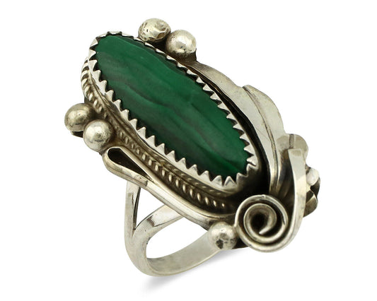 Navajo Ring 925 Silver Natural Green Malachite Signed Justin Morris C.80's