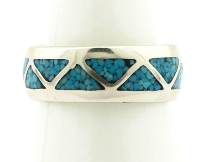 Navajo Chip Inlay Ring 925 Silver Sleeping Beauty Turquoise Artist Silver Cloud