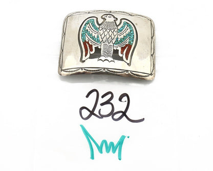 Navajo Belt Buckle 925 Silver Handmade Chip Inlay Artist Signed J. Nezzie C.80s