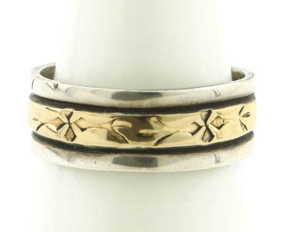 Navajo Ring 925 Silver & Solid 14k Yellow Gold Artist Signed E Hand Stamped C80s