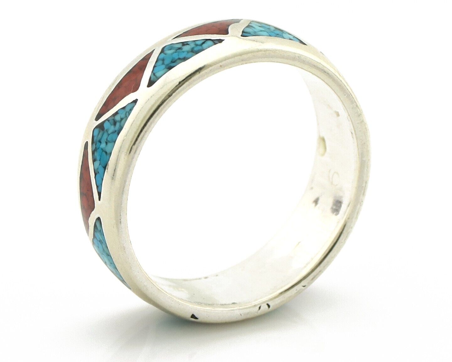 Navajo Chip Inlay Ring 925 Silver Sleeping Beauty Turquoise & Coral Silver Cloud