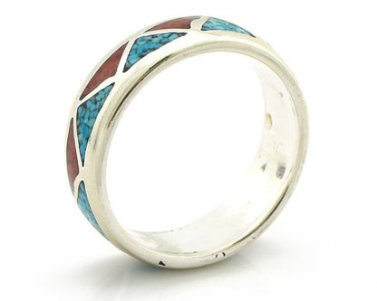 Navajo Chip Inlay Ring 925 Silver Sleeping Beauty Turquoise & Coral Silver Cloud