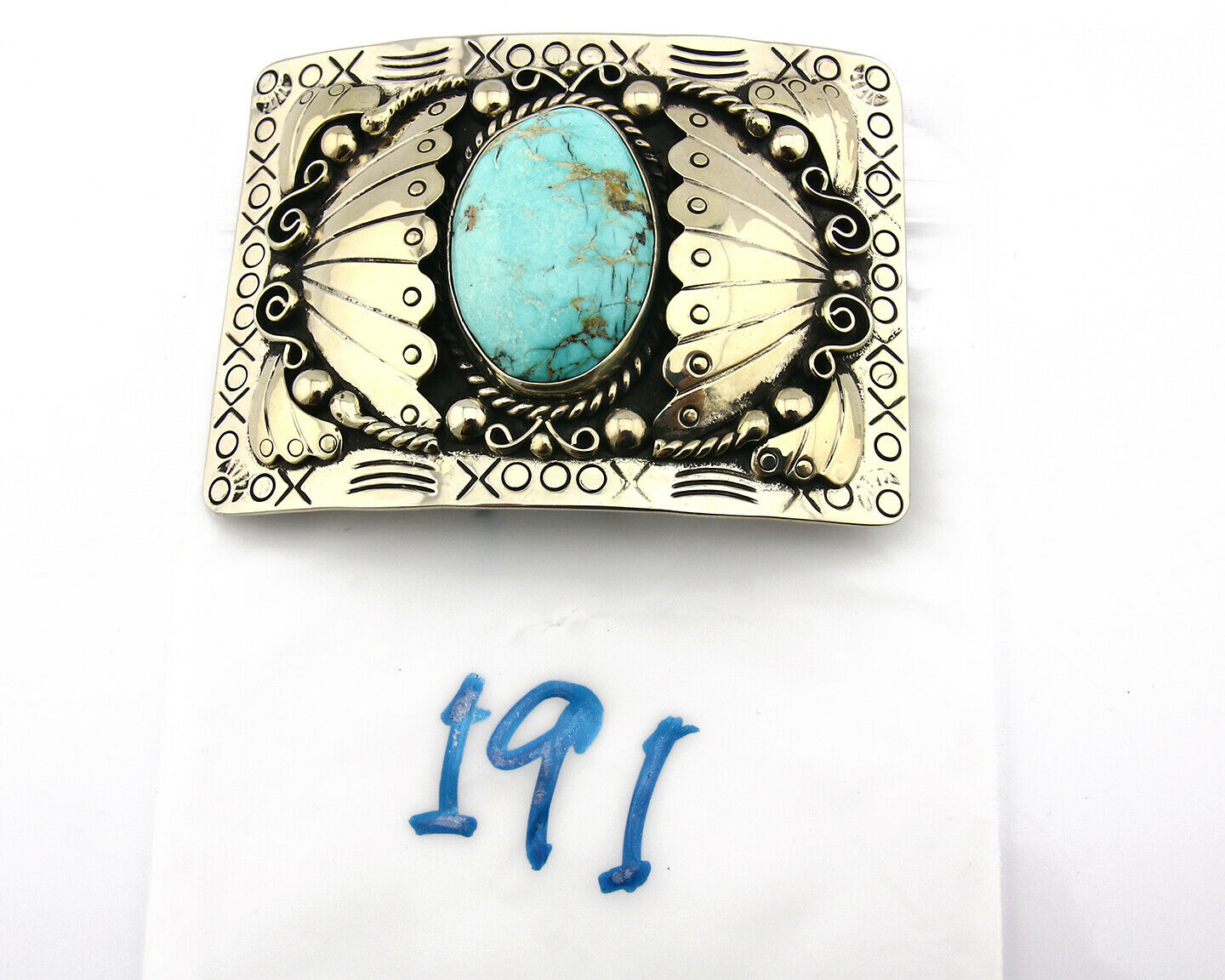 Navajo Belt Buckle .999 Nickle Silver Morenci Turquoise Native Artist C.80's