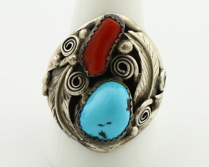 Navajo Ring 925 Silver Blue Turquiose & Coral Artist Signed PR C.80's