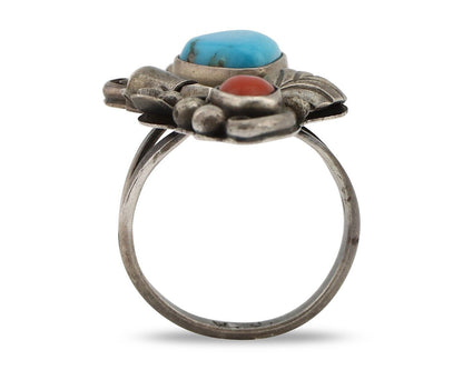 Navajo Handmade Ring 925 Silver Turquiose & Coral Artist Signed WJ C.80's