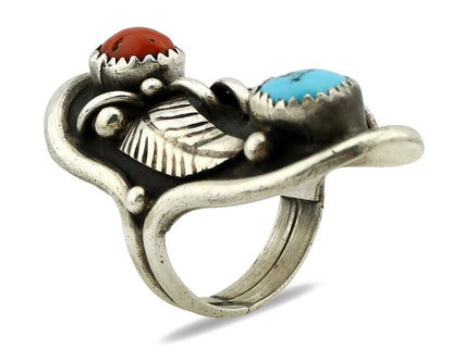 Navajo Ring 925 Silver Turquoise & Coral Artist Signed Benson Boyd C.80's