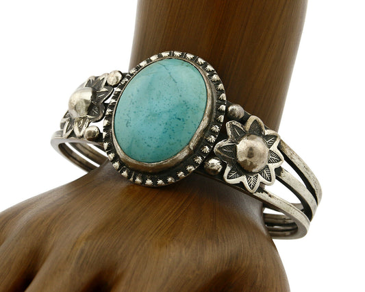 Women's Navajo Cuff .925 Silver Handmade Stamped Turquoise Bracelet C.50's