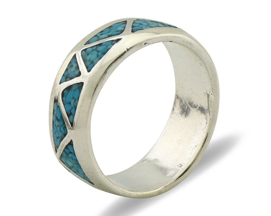 Navajo Chip Inlay Ring 925 Silver Sleeping Beauty Turquoise Artist Silver Cloud