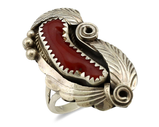 Navajo Ring 925 Silver Mediterranean Coral Artist Signed Justin Morris C.80's