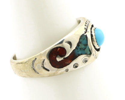 Navajo Handmade Ring 925 Silver Blue Turquoise & Coral Native American C.80's