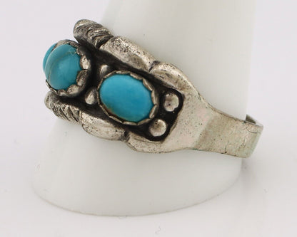 Navajo Ring .925 Silver Natural Blue Turquoise Artist Signed Sun Bell C.80's