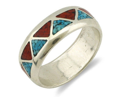 Navajo Ring 925 Silver Natural Turquoise & Coral Native American Artist C.80's