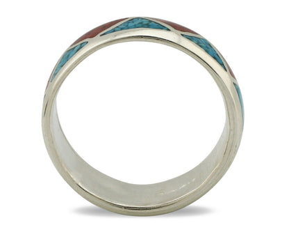 Navajo Chip Inlay Ring 925 Silver Sleeping Beauty Turquoise & Coral Silver Cloud