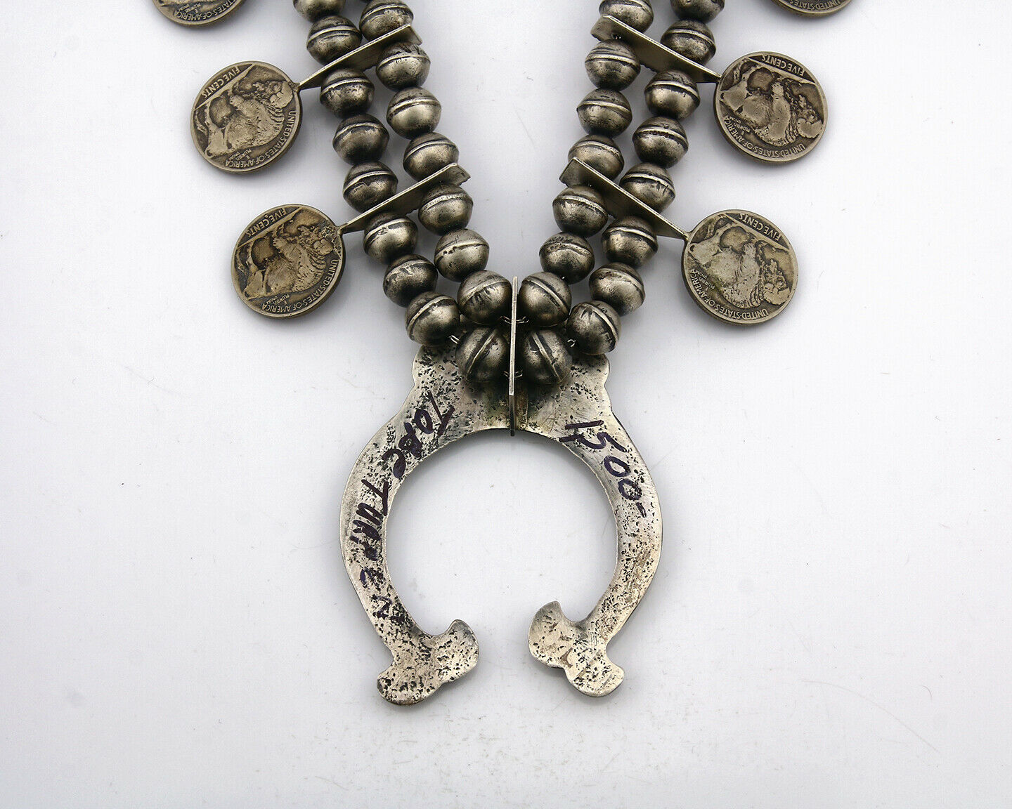 Navajo Buffalo Nickle Squash Necklace .925 Silver Sand Cast Native