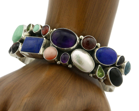 Navajo Bracelet .925 Silver Natural Gemstones Artist Sam Piazo C.80's