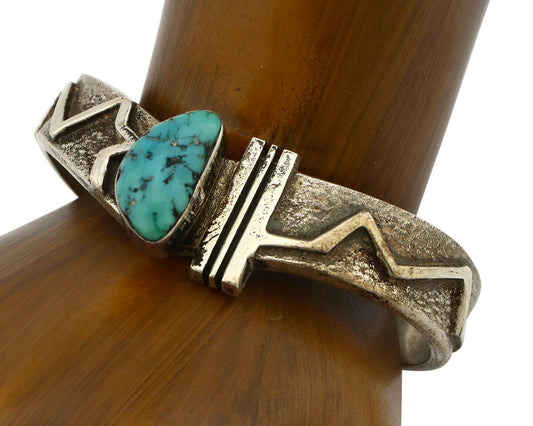 Navajo Bracelet .925 Silver Morenci Turquoise Artist Signed Broken Arrow C.80's