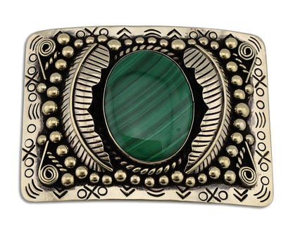 Men Navajo Belt Buckle 999 Nickel Malachite Artist Signed Teepee Handmade C80s