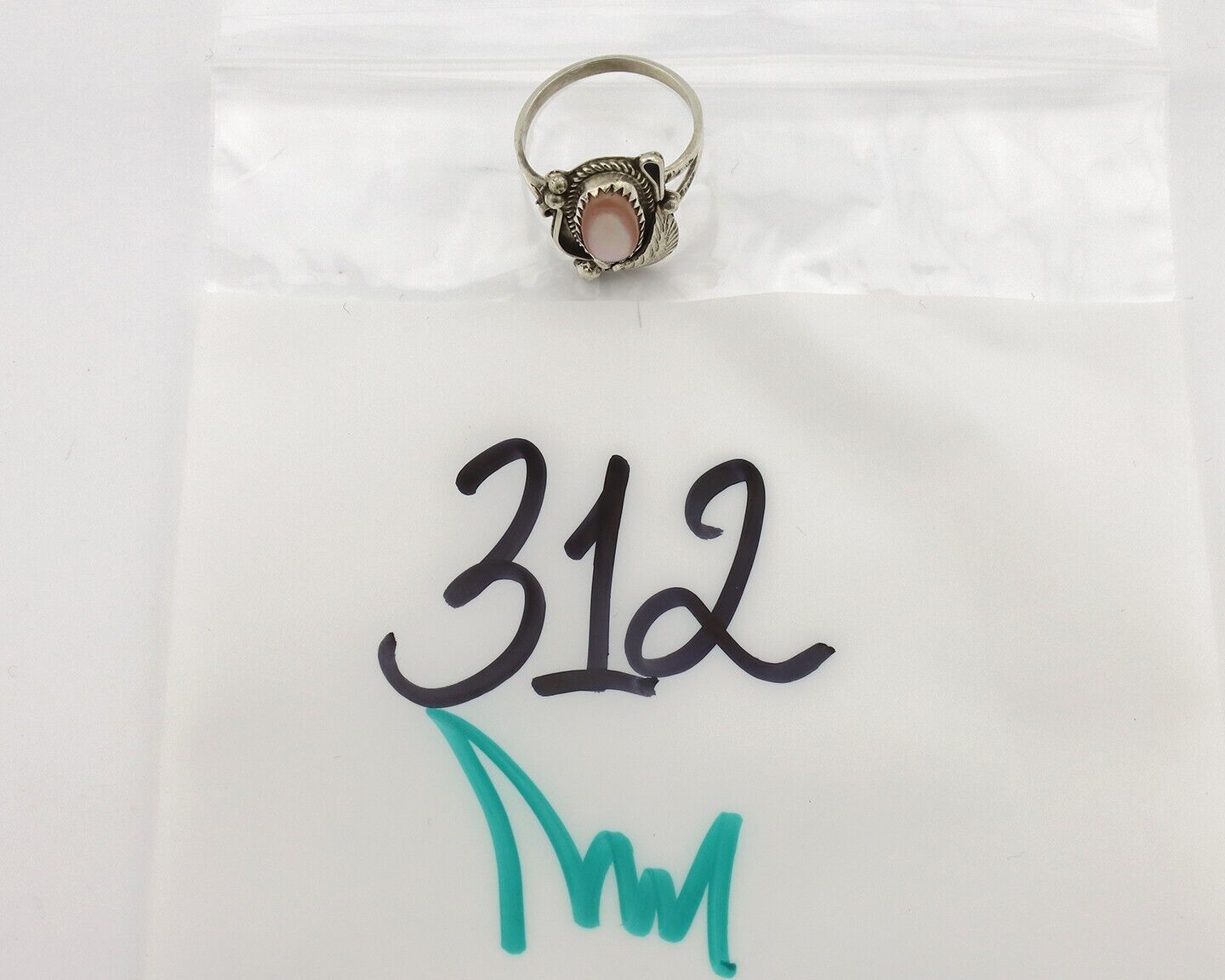 Navajo Ring .925 Silver Natural Pink Mussel Artist Signed Justin Morris C.80's