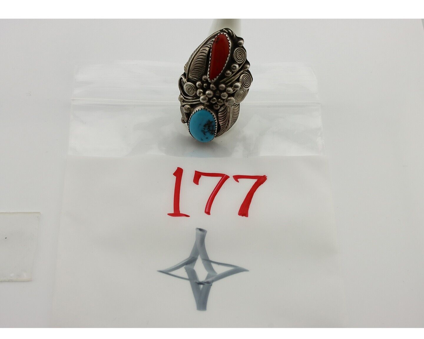 Navajo Ring 925 Silver Blue Turquiose & Coral Artist Signed JM C.80's