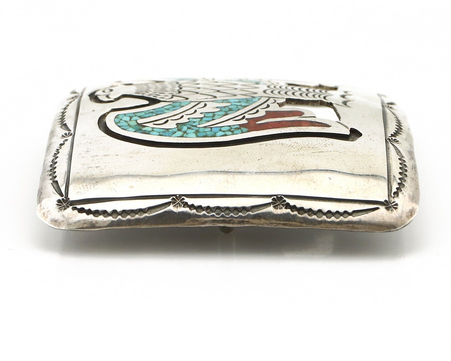 Navajo Belt Buckle 925 Silver Handmade Chip Inlay Artist Signed J. Nezzie C.80s