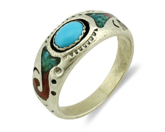 Navajo Handmade Ring 925 Silver Blue Turquoise & Coral Native American C.80's