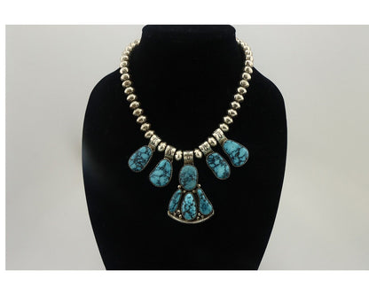 Navajo Necklace 925 Silver Blue Spiderweb Turquoise Signed CD C.80's