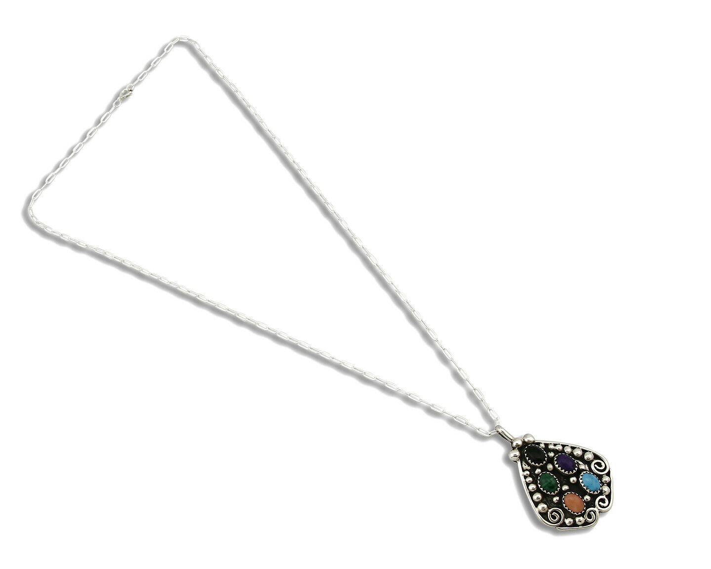 Women's Navajo Necklace .925 Silver Turquoise, Onyx, Sugilite, Malachite, Coral