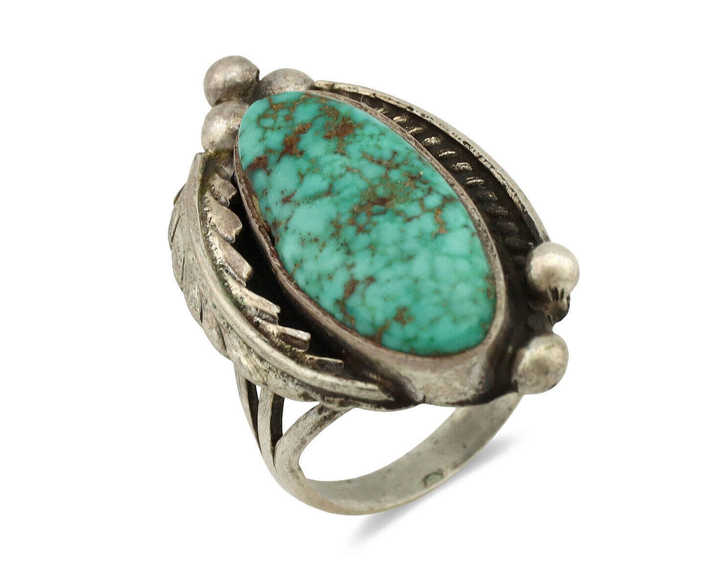 Navajo Ring .925 Silver Spiderweb Turquoise Signed Native Artist C.80's