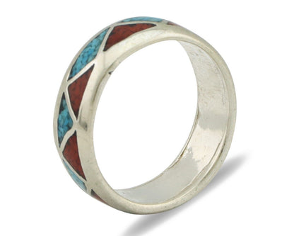 Navajo Ring 925 Silver Natural Turquoise & Coral Native American Artist C.80's