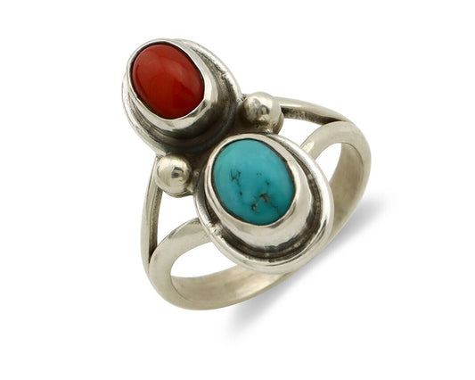 Navajo Handmade Ring 925 Silver Coral & Turquoise Native American Artist C.80's