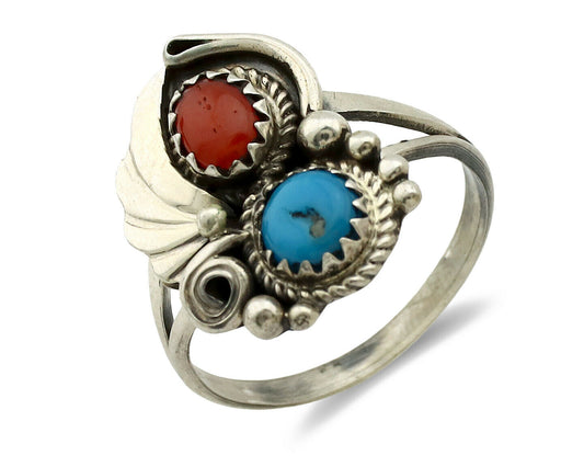 Navajo Ring .925 Silver Morenci Turquoise & Coral Native Artist Signed JM C.80's