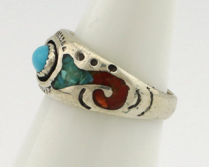 Navajo Handmade Ring 925 Silver Blue Turquoise & Coral Native American Artist