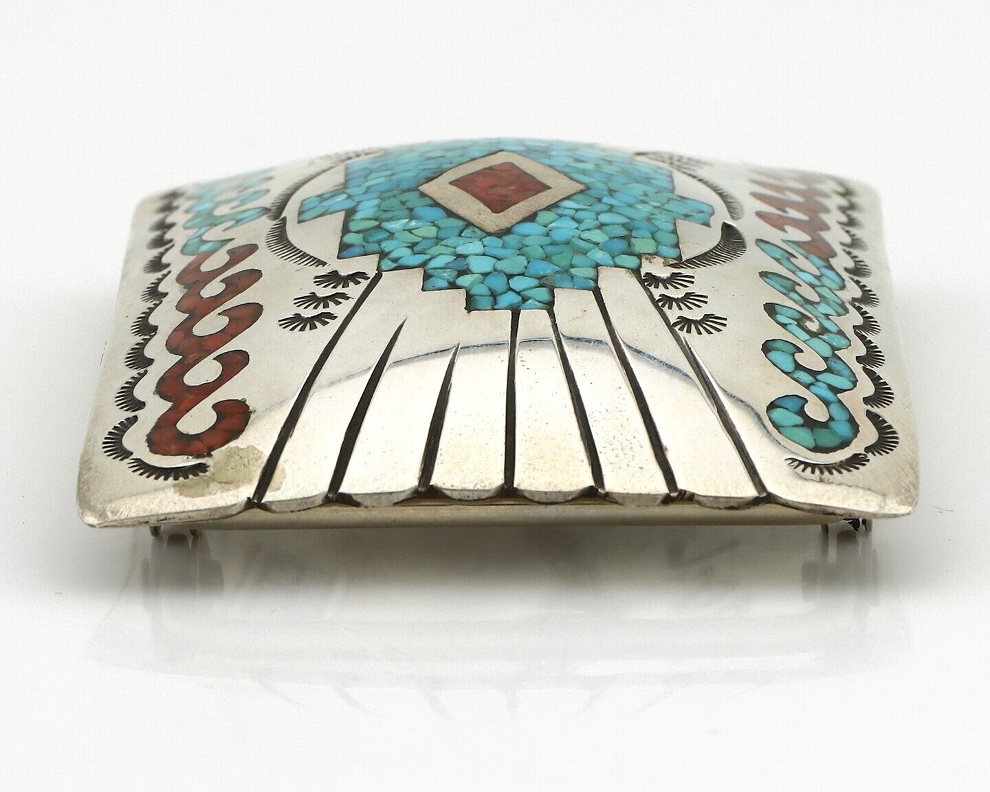 Navajo Belt Buckle 925 Silver Handmade Chip Inlay Artist Signed B C.80s